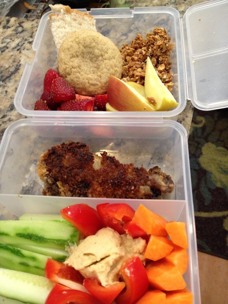 Fruit & granola, buttermilk chicken leg, and hummus & veges.