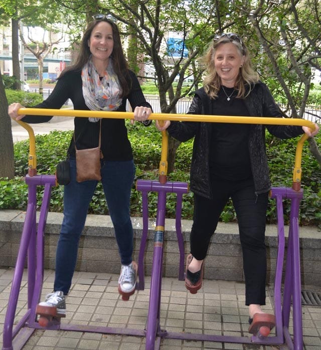 Fellow traveler Sue and I enjoying some of the exercise equipment.