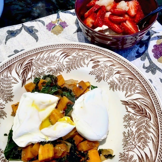 kale and sweet potato hash with poached eggs