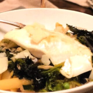 garden vegetable pasta bowl with eggs