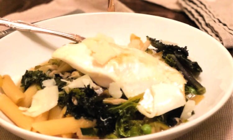 garden vegetable pasta bowl with eggs