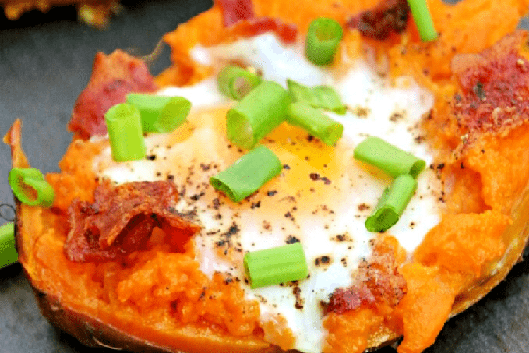 twice baked sweet potato with eggs for breakfast