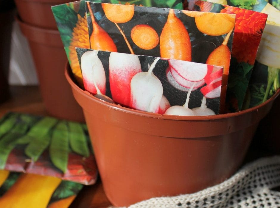 seeds in packets in pots